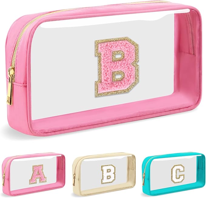 Personalized Initial Letter Clear Makeup Bag,Preppy Small Nylon&PVC Cosmetic Zipper Bag with Chenille Letter,Portable Beach Travel Skincare Toiletry Bag,Trendy Monogram Gift for Teen Girls Women,B