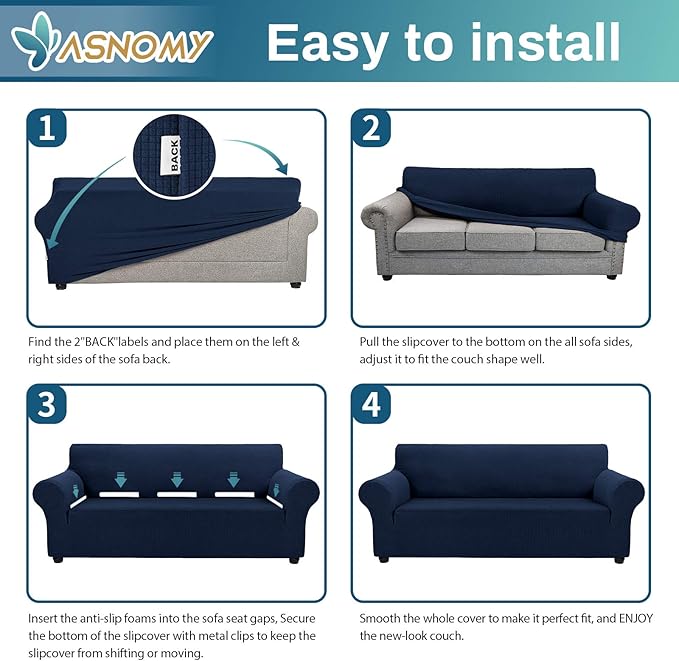 Asnomy Sofa Covers for 2 Cushion Couch Stretch loveseat Covers Slipcovers, Pet Protector Furniture Covers for Dogs Cats Spandex Jacquard Fabric Small Checks （Medium， Navy Blue）