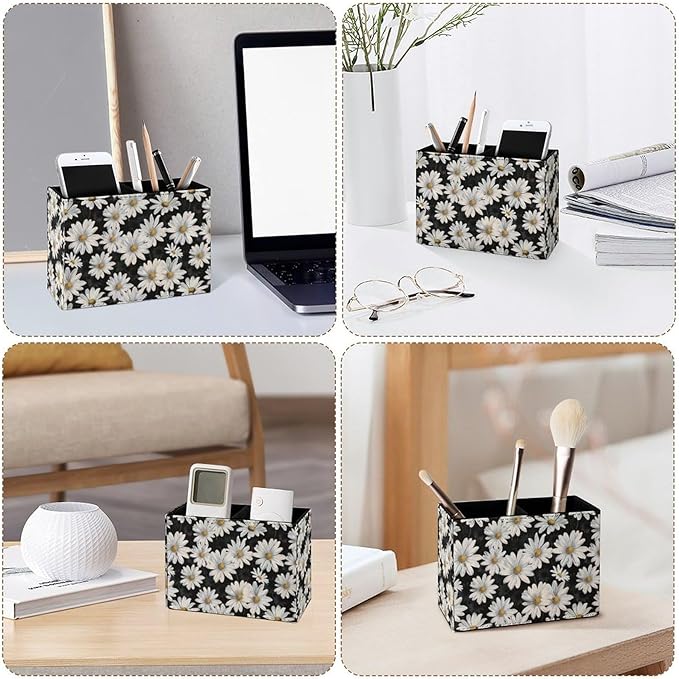 Famame White Daisies Seamless Leaves Pencil Holder for Desk, Leather Desktop Container Pen Cup Storage Study Table Pen Organizer Makeup Brush Holder for Classroom Office Home