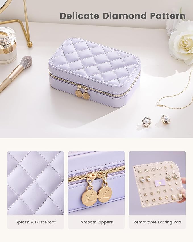 Lolalet Travel Jewelry Case for Women Girls, Travel Jewelry Organizer with Clear Storage Bag Small Portable Jewelry Box for Necklace Bracelet Earring Ring Valentines Bridesmaid Gifts -Medium/Purple