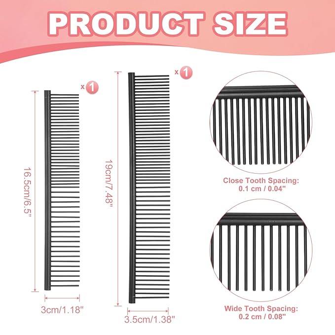 PETAXCELL Dog Cat Comb, Pet Combs Stainless Steel Teeth with Rounded Ends for Knots Mats Loose Hair Removal, 6.5/7.5IN (Black Coated, 2 Pack), Grooming Tool Intended for Long Curly Hair Pet