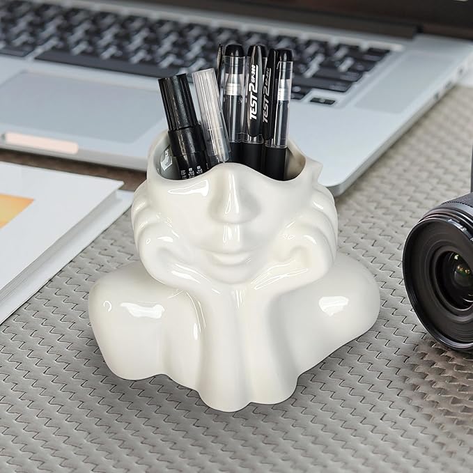 Ceramic Face Pen Holder Organizer, Female Form Face Pen Tools Storage Cup for Desk Accessories, Compact Pencil Holder for Desktop, Living Room, School, Home and Office Decor
