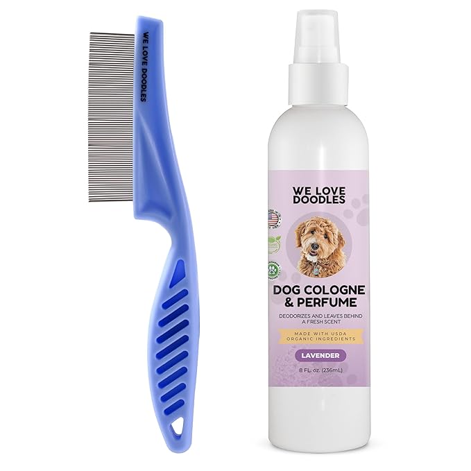 We Love Doodles Dog Face Comb and Dog Cologne & Perfume Bundle - Fine Tooth Flea Comb for Dogs and Tear Stain Remover Metal Comb - Deodorizing Pawfume for Pets, Organic, Long Lasting After Bath, Made