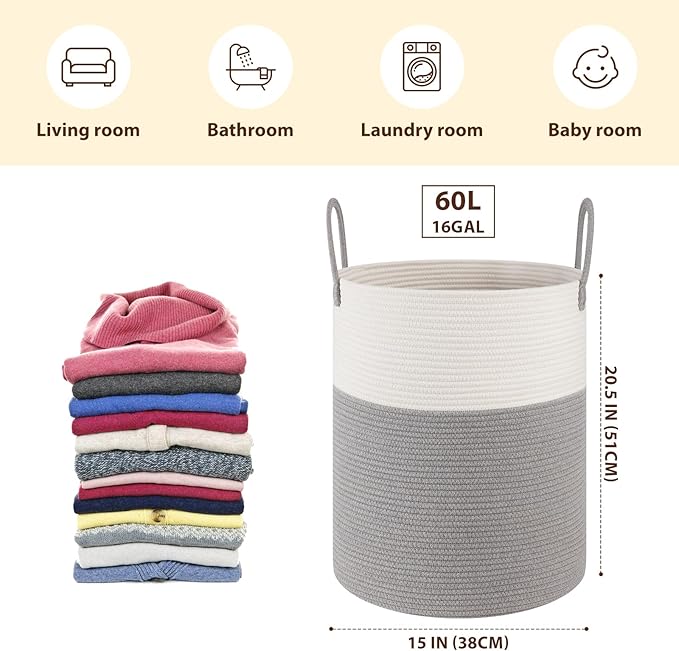 OIAHOMY Large Laundry Basket Hamper - 60L Cotton Rope Woven Basket for Blankets, Toys, Clothes - Tall Decorative Nursery Hamper with Long Handles, Grey/White