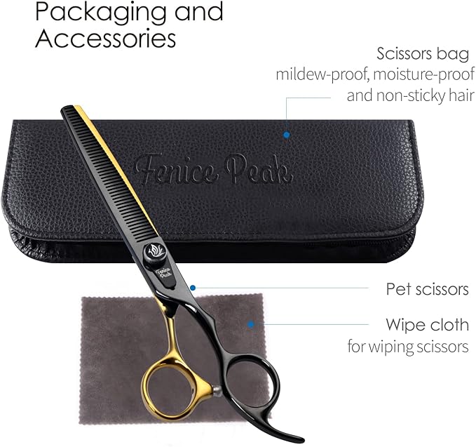 Fenice Peak 7'' Black Dog Grooming Scissors Goldern Thinning Dog Blending Scissors with Ergonomic Offest Handle and Pattern Screw Pet Grooming Thinner Blender Shears Durable and Sharp 440C