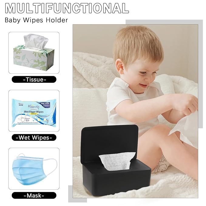Whiidoom Diaper Wipes Dispenser Wipes Holder, Wipes Tissue Case Keeps Wipes Fresh Tissue Wipes Container with Lid (Black)