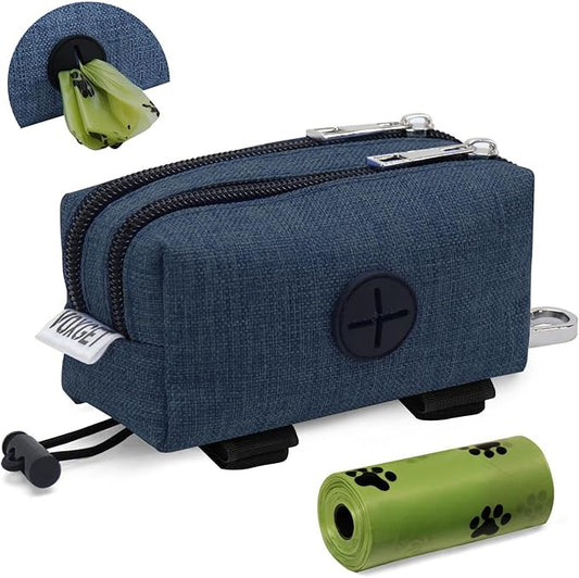 Poop Bag Holder for Leashes, Dog Treat Pouch Carrier with 2 Zipper Pockets and Clip for Puppy Training, Dog Waste Bag Dispenser with 1 Roll Poop Bags for Walking Accessories (Navy Blue)