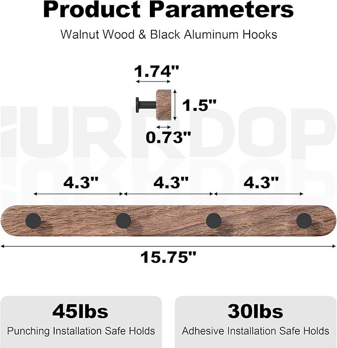 IURRDOP 16 Inch Walnut Wood Wall Mounted Coat Rack with 4 Matte Black Round Hooks Adhesive Mounted Entryway Hooks Modern Natural Wooden Pegs for Hanging Coat Clothes Hat Bag Purse Key and Towel