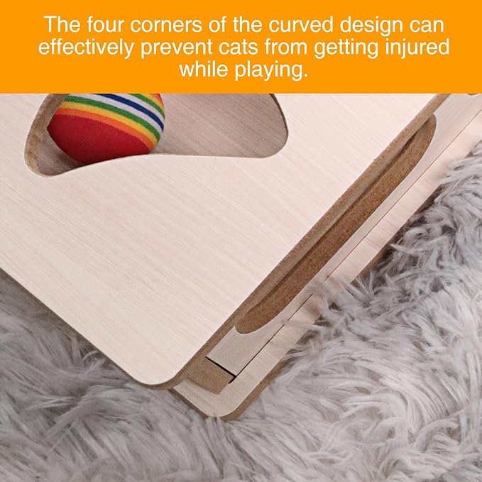 DI BI GRAMAS Cat Interactive Box Puzzle Toy with 3 Small Balls and 1 Bell Indoor Hunting Exercise Toy for Kittens Natural Wood Material