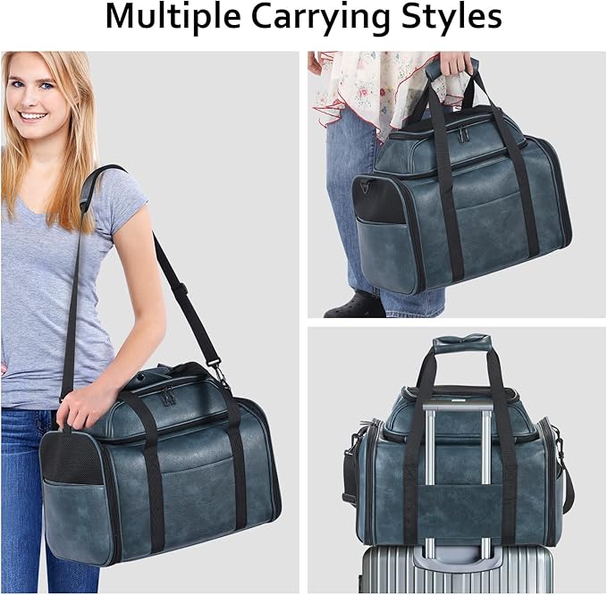 Bosnanller Premium Leather Top Expandable Pet Carrier for Small Dogs & Cats Under 15 lbs, Airline Approved Collapsible Soft-Sided Luxury Travel Bag Blue