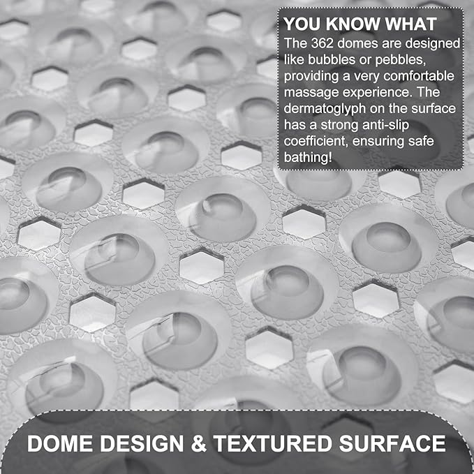 Upgrade Bath Tub and Shower Mats, Non Slip 40 x 16 Inch Extra Large Bathtub Mat, Machine Washable Bathmat with Drain Holes, Suction Cups for Bathroom Floor, Clear Gray