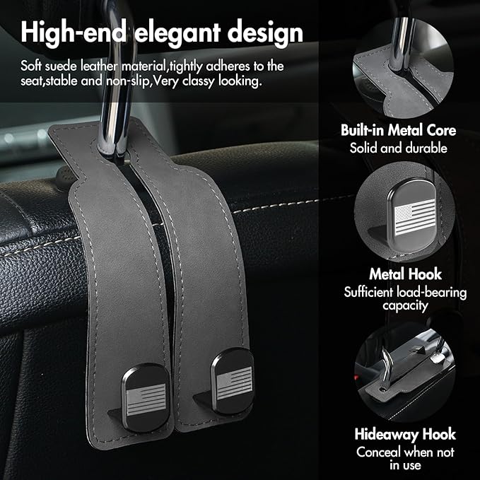 Car Seat Hooks for Headrest,Leather Car Purse Hook with American Flag,Fit for Universal Vehicle, 2 Pack (Grey)