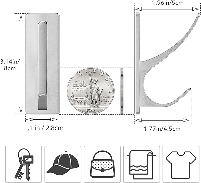 pickpiff Self Adhesive Coat Hooks for Hanging: Heavy Duty Stainless Wall Hook for Towel, Utensil, Backpack, Hat, Sturdy Metal Hanger for Bathroom, Kitchen, Door, 4-Pack, Silver, New