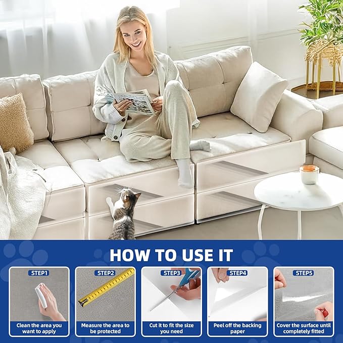 TOOSOFt Anti Cat Scratch Furniture Protector Clear Thicken Vinyl 196.9"x16.5" Couch Protector from Cat Claws - Single Sided Sticky Flexible Dog Tape for Furniture, for Couch Corner Door Walls Bed