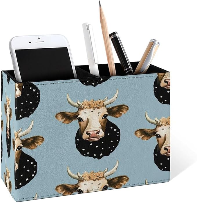 Famame Flowers on Milk Cow Pencil Holder for Desk, Leather Desktop Container Pen Cup Storage Study Table Pen Organizer Makeup Brush Holder for Classroom Office Home