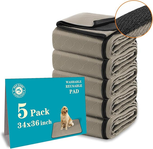 Washable Reusable Pee Pads for Dogs - 34" x 36", 5 Pack with Quick Dry, Large Anti-Slip Whelping Pad for Pet, Playpen, Incontinence, Housebreaking