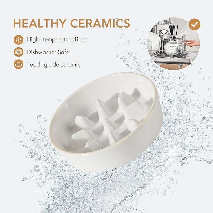 Ceramic 1.2 Cup Dog Raised Slow Feeder Set, Elevated Bowl with Wooden Stand for Medium and Small Dog, 7.3inch Slow Feeder Dish for Fast Easters(Single Bowl+ Stand, Reactived Glaze -White)