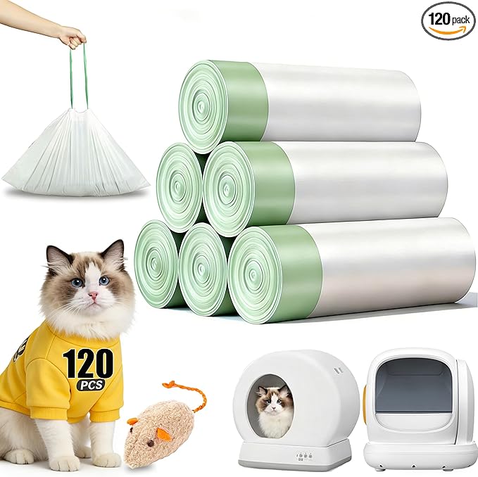 120 Count Self-Cleaning Cat Litter Box Liners Bags Fit For MW-SC01/SC02/SC09/LR01/LR02, Pre-Seperated Heavy Duty Automatic Cat Litetr Box Bags with Drawstring-18" * 12.6"