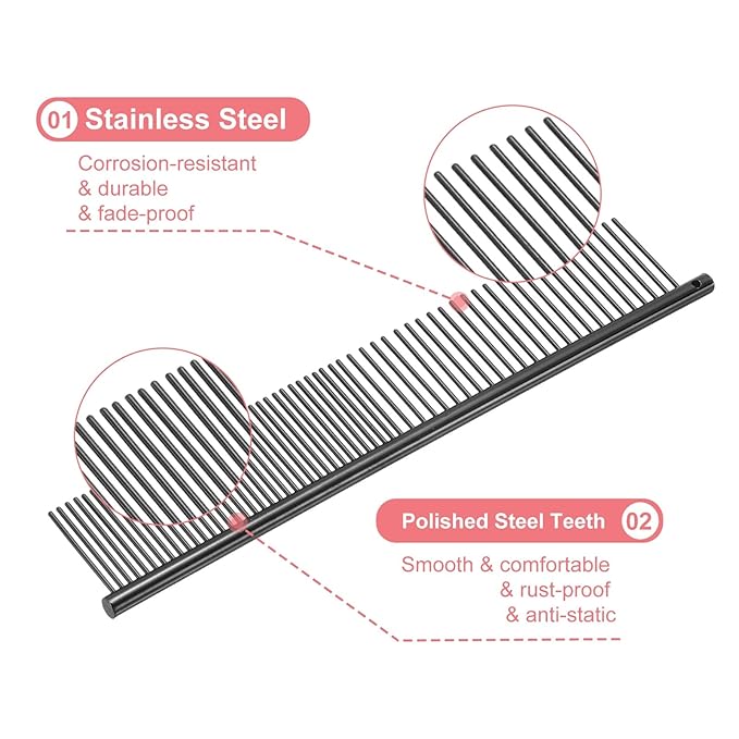 PETAXCELL Dog Cat Comb, Pet Combs Stainless Steel Teeth with Rounded Ends for Knots Mats Loose Hair Removal, 6.5/7.5IN (Black Plated, 2 Pack), Grooming Tool Intended for Long Curly Hair Pet