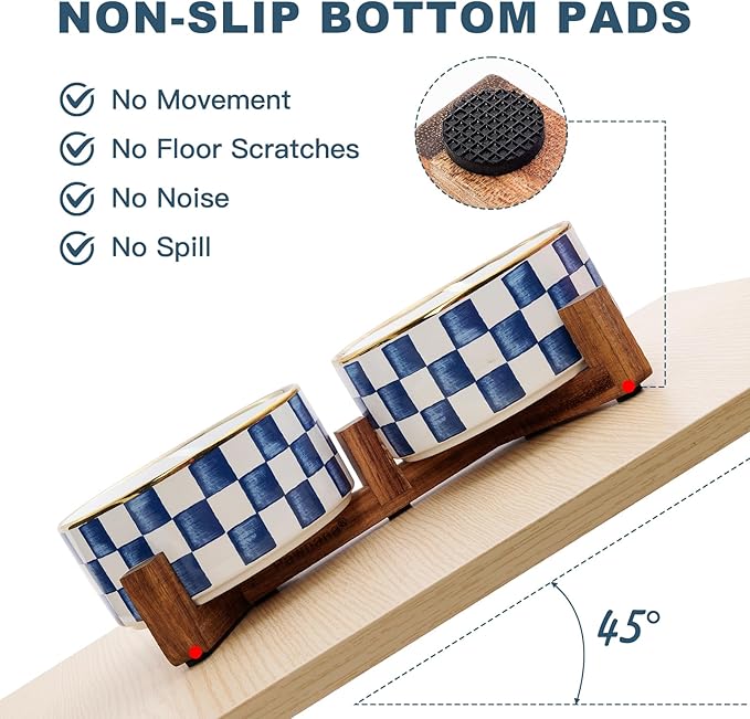 Ceramic Dog Bowls for Medium Dogs, 3.5 Cup Checkered Dog Food and Water Bowl with Acacia Wood Stand, Non-Slip Anti-Tip Elevated Feeding Station, Blue and White