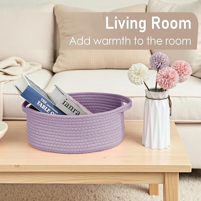 JMvicyroam Woven Basket,Small Rope Storage Bin with Handles & Ribbon Bag, Organizer for Shelves Closets,Gift Basket Empty for Birthday,Books,Dog Toys, Purple