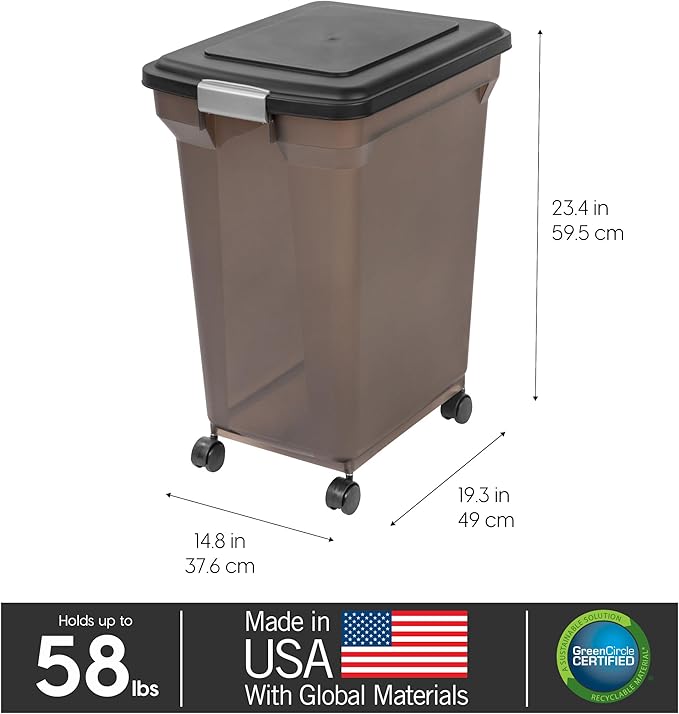 IRIS USA 58 Lbs / 67 Qt WeatherPro Airtight Pet Food Storage Container with Attachable Casters, For Dog Cat Bird and Other Pet Food Storage Bin, Keep Fresh, Easy Mobility, BPA Free, Smoke
