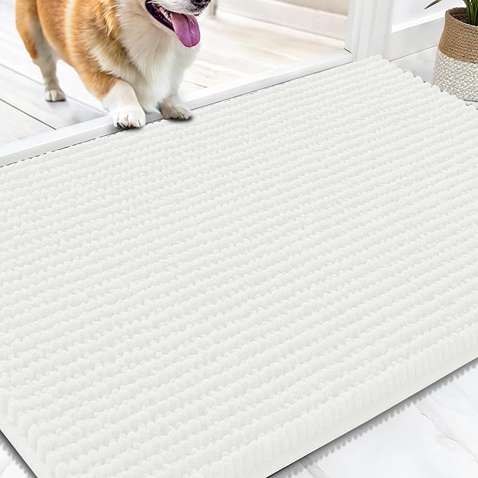 OLANLY Dog Door Mat for Muddy Paws 30x20, Ultra Absorbent Chenille Mud Doormat, Non-Slip Washable and Dirt Trapping Doormat for Indoor Entryway, Quick-Dry Indoor Pet Bed Mats for Dogs, Ivory