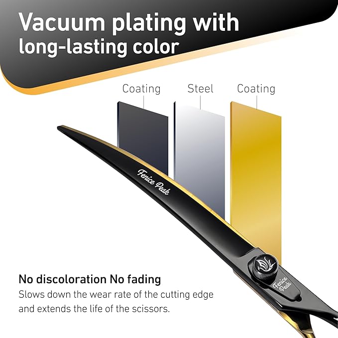 Fenice Peak 8'' Black Dog Grooming Scissors Goldern Curved Scissors with Ergonomic Offest Handle and Pattern Screw Pet Grooming Trimming Shears Durable and Sharp 440C