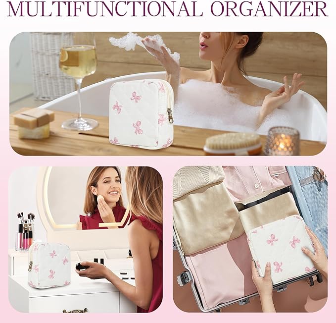 Small Floral Quilted Makeup Bag, Coquette Aesthetic Travel Toiletry Organizer for Women, Lightweight Cotton Cosmetic Pouch