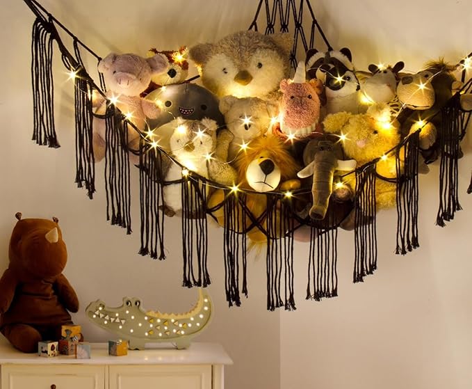 RelaxScene Stuffed Animal Storage Hammock Corner X-Large with LED Light - Baby Hammock Hanging Holder Plushies Net for Stuff Animals Organizer - Cute Room Decor Aesthetic Kids Toddler Nursery Bedroom
