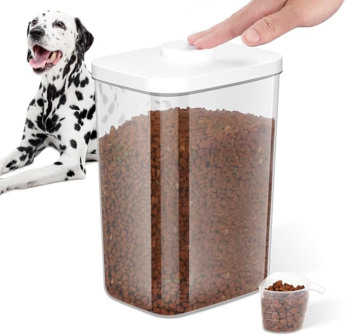 LEAWALK 5-8 Lbs/6Qt Airtight Dog Cat Food Storage Container and Pet Storage Bin BPA-Free, PET Clear Stackable Dog Treat Containers Measuring Scoop Suitable for Dogs Food, Cats Food and Other Dry-1Pack