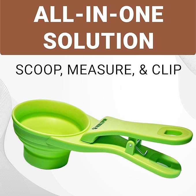 MeasureMate Pet Food Scoops with Bag Clip for Dog and Cat - 3-in-1 Multi-Function Collapsible Food Measuring Cup - 1/2 Cup Capacity, 4oz, Green - Dishwasher Safe