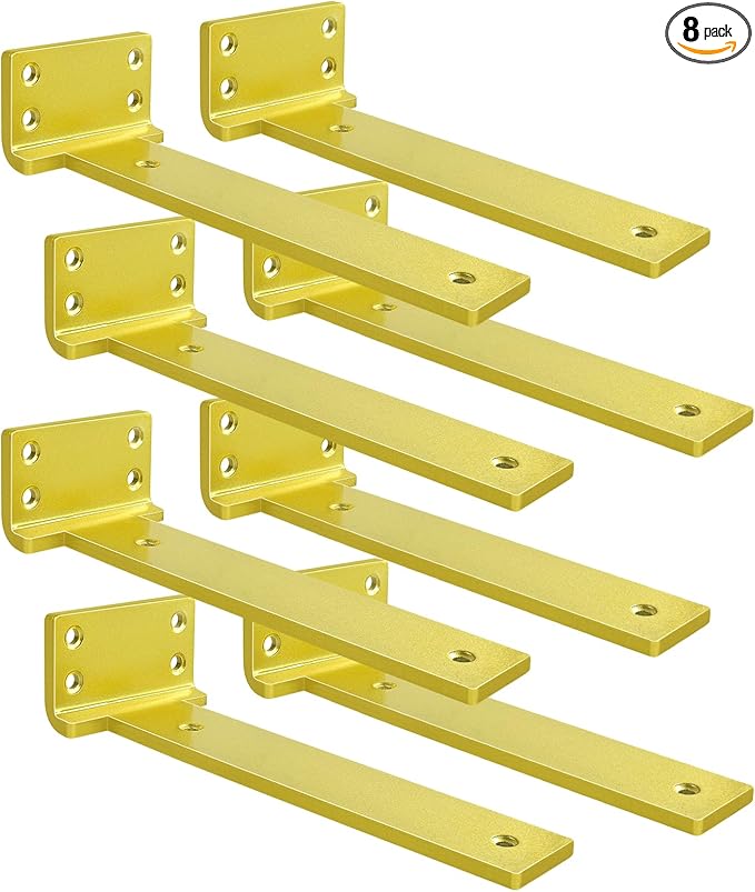 Floating Shelf Brackets 10 inch 8 Pack L Brackets for Shelves Gold Metal Heavy Duty Shelf Bracket for DIY Decorative with Mounting Hardware
