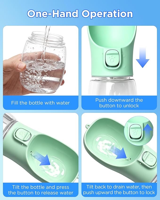 Portable Dog Water Bottle, Leak-Proof Pet Water Dispenser with Water-Saving Reflow, One-Hand Operation & Dishwasher Safe Travel Bottle for Walking, Hiking & Travel, Green
