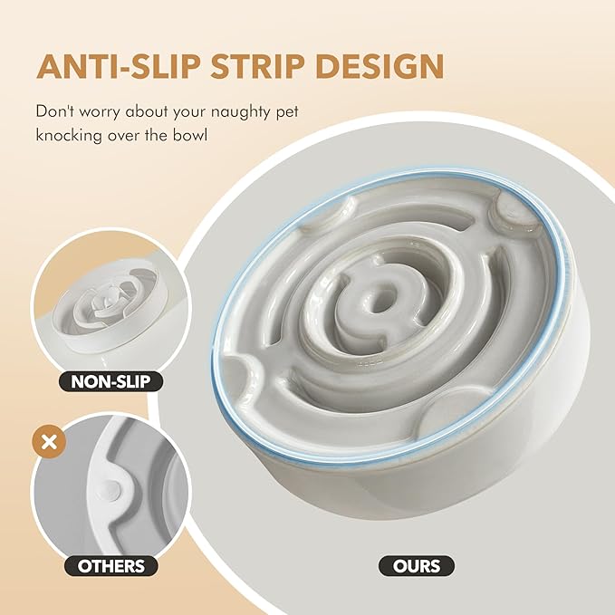 Ceramic 1.2 Cup Dog Bowl Slow Feeder for Medium and Small Dog, 7.3inch Pet Slow Dish, Stop Bloat, Preventing Choking(Single Bowl, Reactived Glaze -White)