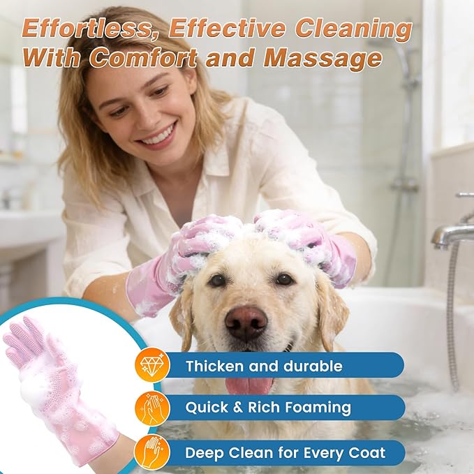 MIYIJHY 7-Piece Pet Grooming Kit with Storage Bag | Portable Bathing Set for Dogs & Cats | Includes Silicone Gloves, Deshedding Brushes & Finger Toothbrushes | All-in-One Pet Care (Pink)