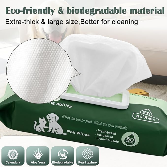 50 Pack Dog Wipes for Paws and Butt Unscented Hypoallergenic Pet Grooming Wipes Gentle Earth-Friendly Cleaning Wipes for Puppies, Kittens & Senior Pets Deodorizing Waterless Bathing Wipes
