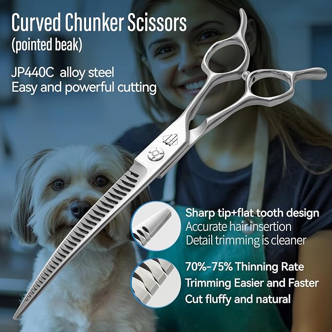 Dog Grooming Scissors: Pet Shears Made Of Japanese 440C Advanced Stainless Steel Professional Grooming Scissors for Dogs Cats and Other Pets (A Curved Chunker, 7.0 inch)