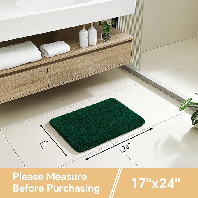 Verdant Green Bathroom Rugs 17"x24" - High-Density Microfiber Bath Mat, Fluffy Non Slip Absorbent and Washable Bathroom Mat - Ideal for Small Spaces, Vanity, Toilet, or Pet Mat