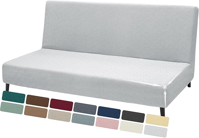 ZNSAYOTX Stretch Fit Futon Cover (67"-82") Armless Futon Sofa Bed Slipcover with Elastic Band, Universal Foldable Sofa Mattress Protector Full Queen Size, Washable Comfort Jacquard (Silver Grey)