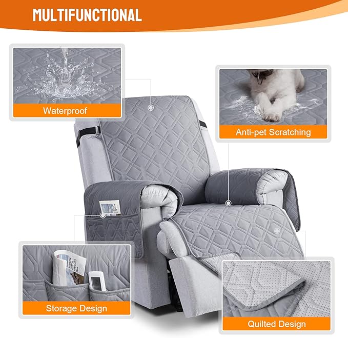 VANSOFY 100% Waterproof Recliner Chair Covers, Recliner Cover Non-Slip Dog Chair Cover Furniture Protector Washable Slipcover with Pocket, Elastic Straps for Pets, Dogs(Light Gray, 25")