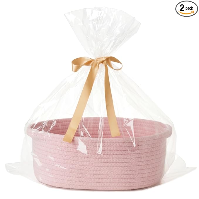 Small Woven Gift Basket Empty with Bag & Ribbon - Gifts for Mom, Baby Shower, Birthdays & Raffle - Cotton Rope Storage Basket for Dog Toys or Shelf - 12"x8"x5", Pink, 2 Packs