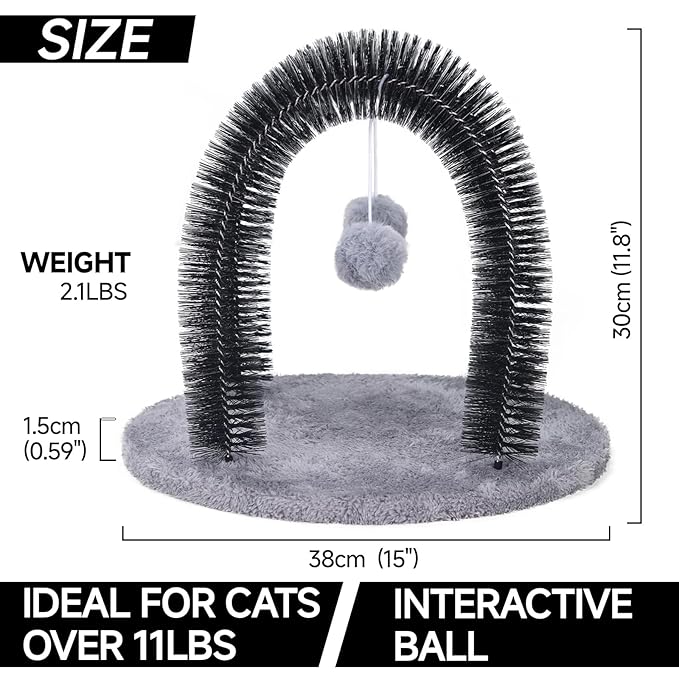 Cat Arch Self Groomer Massager, Kitty Grooming Brush with 2 Brushes and Heavy Plush Base, Cat Face and Back Scratchers, Rubbing Post for Indoor and Outdoor Cats with 2 Plush Balls