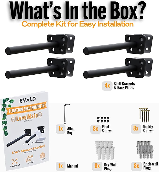 EVALD LevelMate™ 4-Inch Uni-Mount Floating Shelf Brackets | Hidden Black Carbon Steel Wall Supports for Wood Mantel, Kitchen Shelving, Bookshelves & Office Décor | Anti-Sag Pinol Screw System (4 Pack)