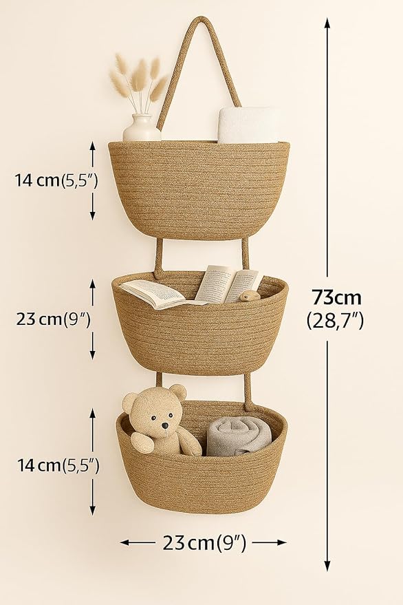 Japanese Handmade Cotton Rope Hanging Basket Organizer – 3 Tier Wall boho Storage Organizer for Toys , Snacks & Décor – Eco-Friendly Coiled Weaving Craft, Housewarming & Shower Gift (brown)