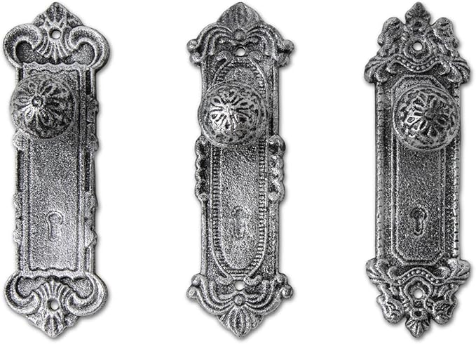Comfify Shabby Chic Cast Iron Decorative Wall Mounted Hooks – Silver/Black - Door Knob Coat Hooks - Set of 3 - Screws and Anchors Included - Antique Wall Hooks for Hanging Clothes