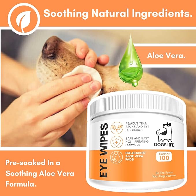 Dog Eye Wipes – Tear Stain Remover for Dogs & Puppies – 100 Aloe Vera Pet Eye Wipes – Gentle Eye Discharge & Crust Cleaner – Safe & Hypoallergenic Dog Eye Cleaning Pads