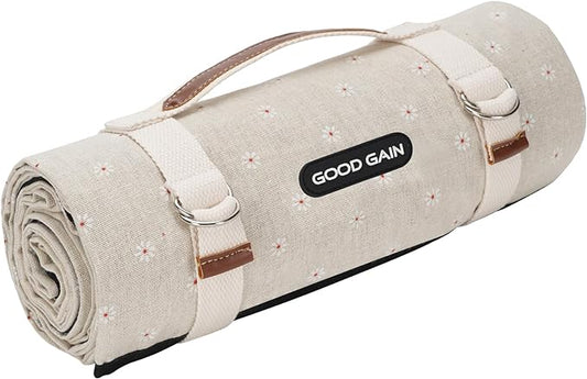 G GOOD GAIN Picnic Blankets Waterproof Extra Large - Outdoor Blanket Sand Free Foldable with Carry Strap for Beach, Camping, Park Grass, Hiking, Travel, Concerts(White Flower)