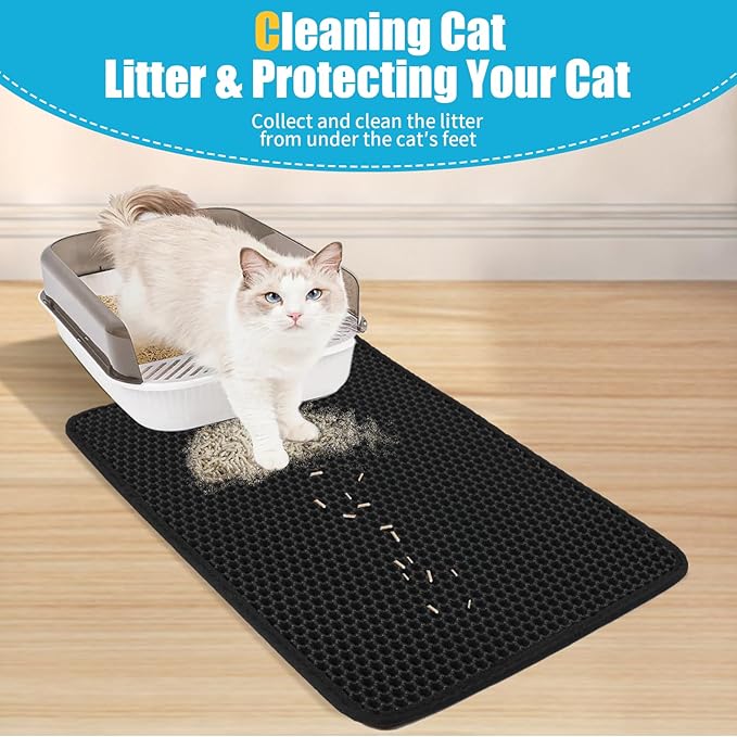 Cat Litter Mat, Kitty Litter Collector, Double Layered Honeycomb Design Waterproof, Anti Urine, Anti Slip, Easy to Clean, Limit Garbage (23"x14.5", Black)