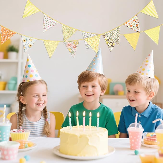 G2PLUS 39Ft Triangle Bunting Banner, 42Pcs Yellow Floral Garland Pennant Banner, Reusable Cotton Triangle Flags Party Decoration for Birthday, Wedding, Garden Tea Party, Baby Shower, Room Decor